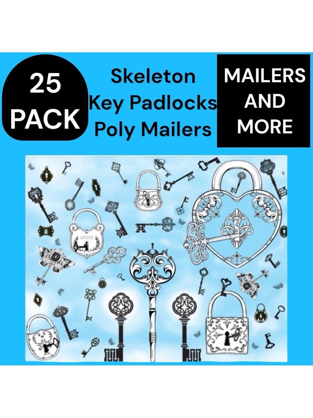 25 10X13 Poly Mailers Skeleton Key and Padlocks Shipping Envelopes PRICE IS FIRM - Picture 4 of 11